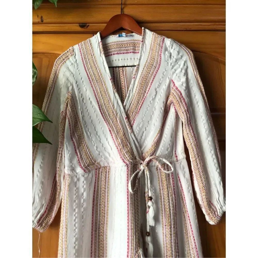 Blue Island Boho Wrap Dress XS Cream Striped Ruffle Hem Rayon - Picture 5 of 13